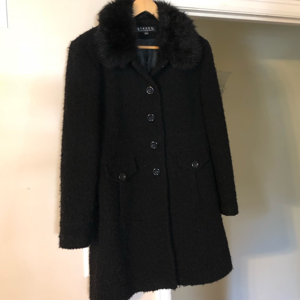 Black winter coat with faux fur neckline